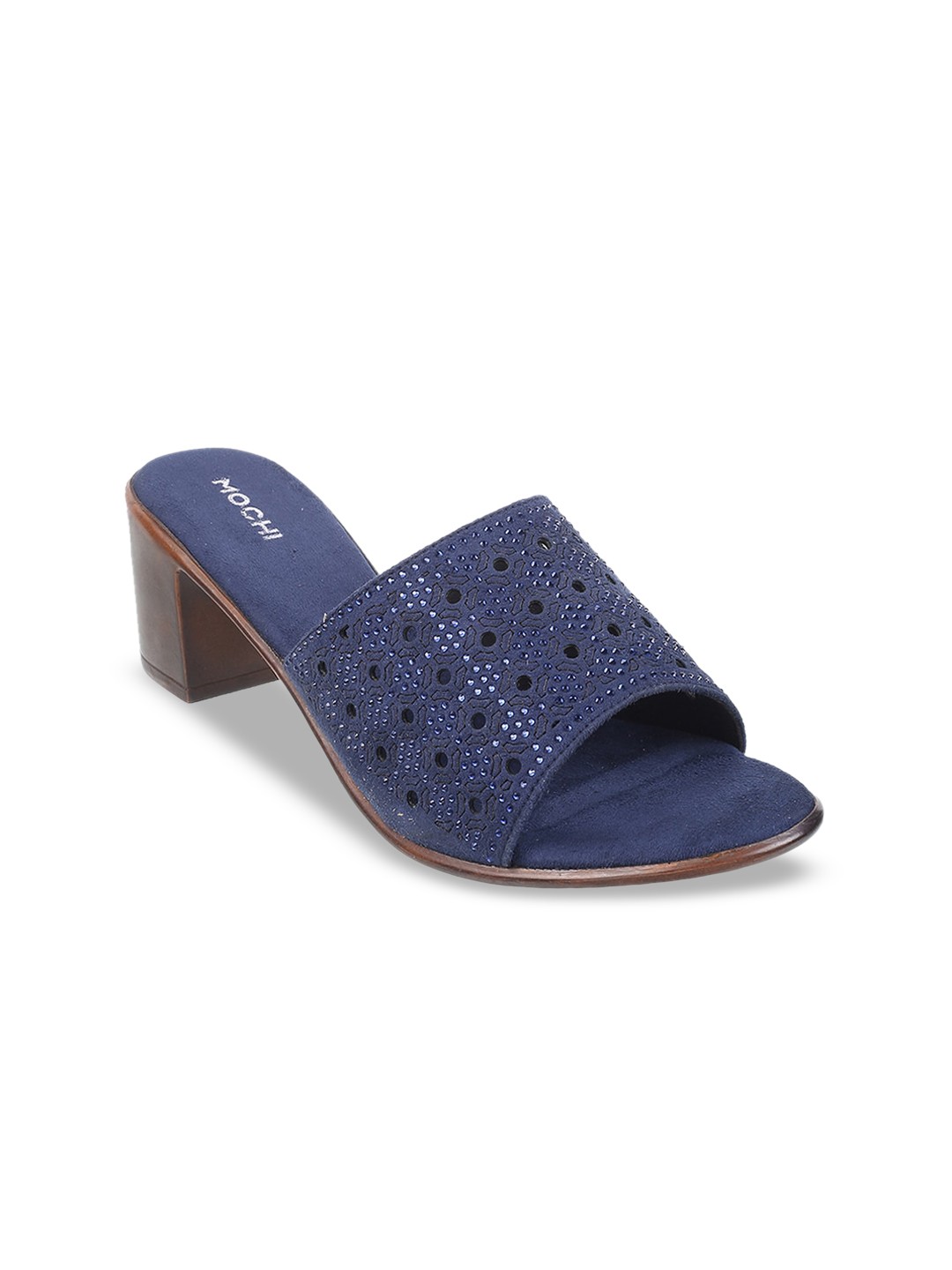 

Mochi Embellished Open Toe Block Heel Mules, Blue