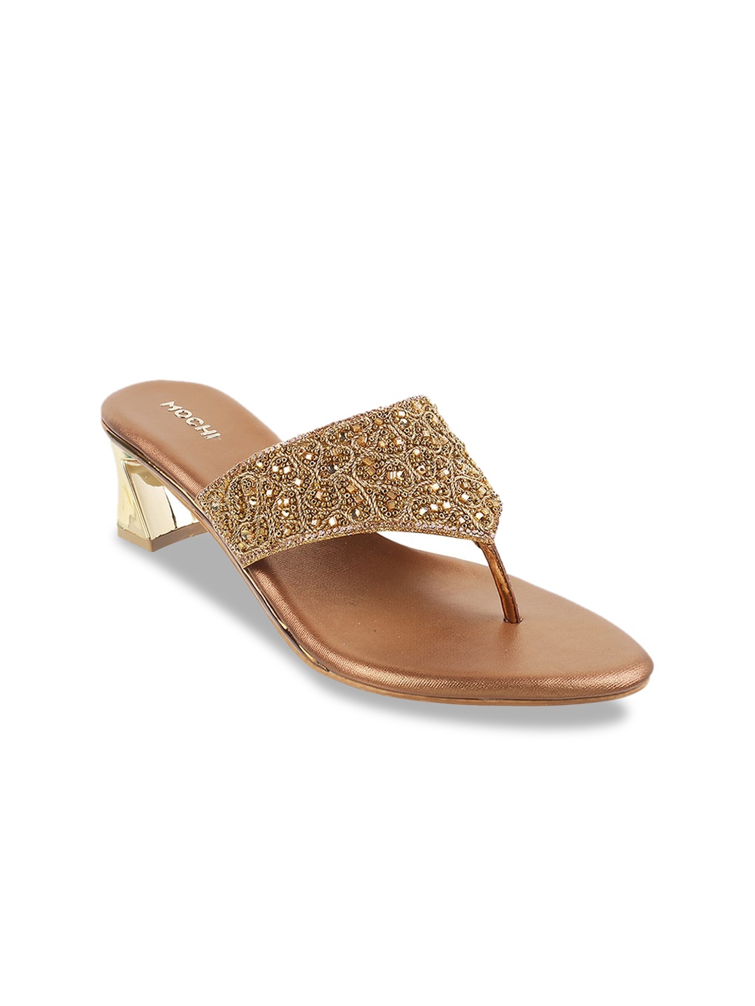 

Mochi Embellished Open Toe Block Heels, Gold