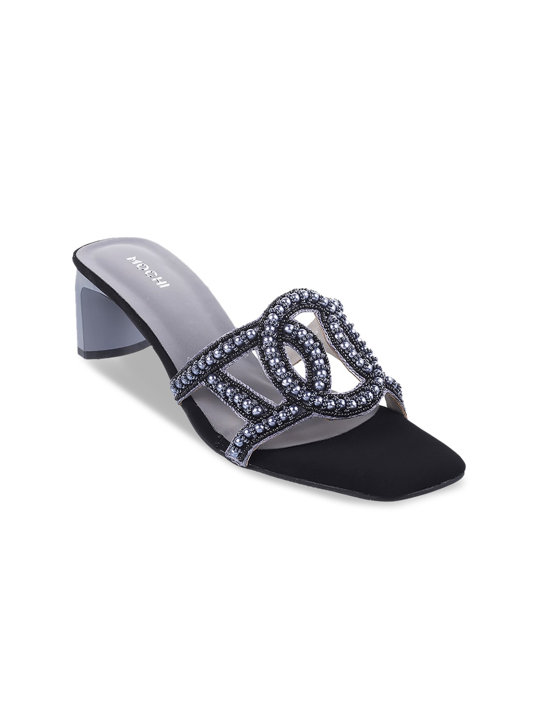 

Mochi Embellished Open Toe Block Heels, Black