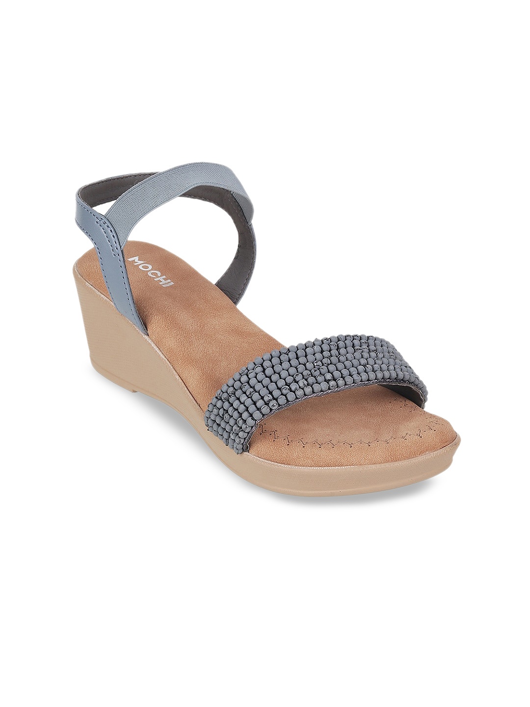 

Mochi Embellished Open Toe Wedges With Backstrap, Grey