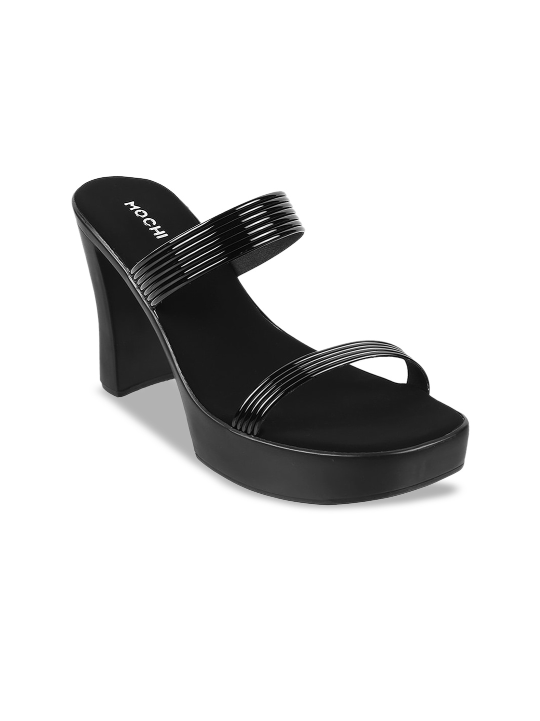 

Mochi Double Strap Textured Open Toe Platform Heels, Black