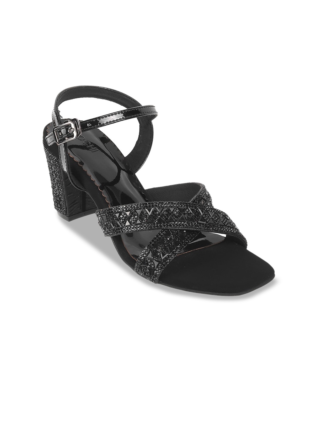 

Mochi Embellished Open Toe Block Heels With Buckles, Black