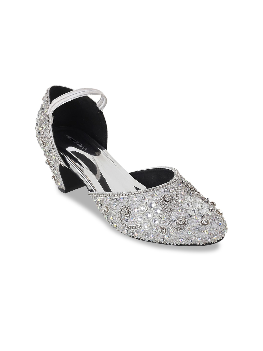 

Mochi Embellished Round Toe Block Heels, Silver