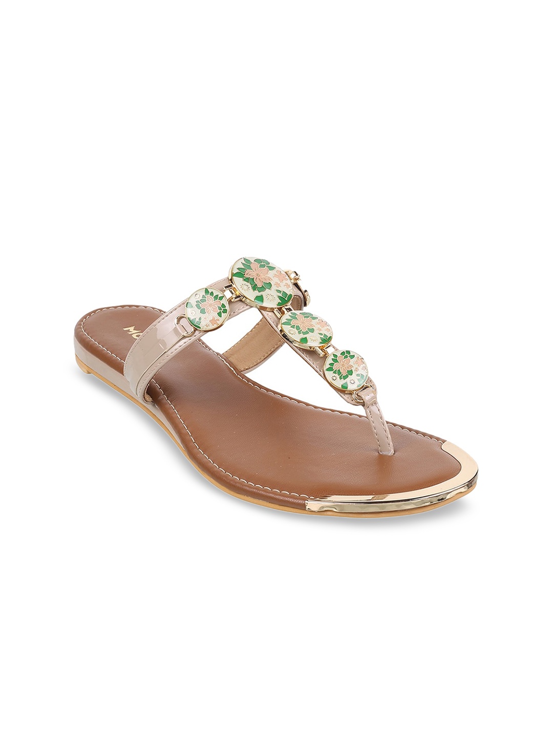 

Mochi Embellished T- Strap Flats, Beige