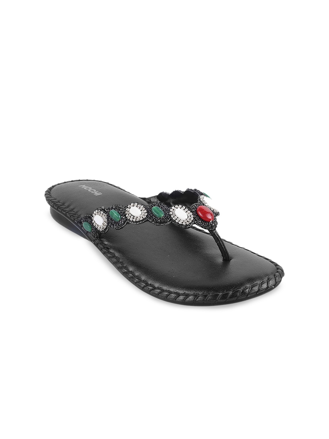 

Mochi Ethnic Embellished Open Toe Flats, Black