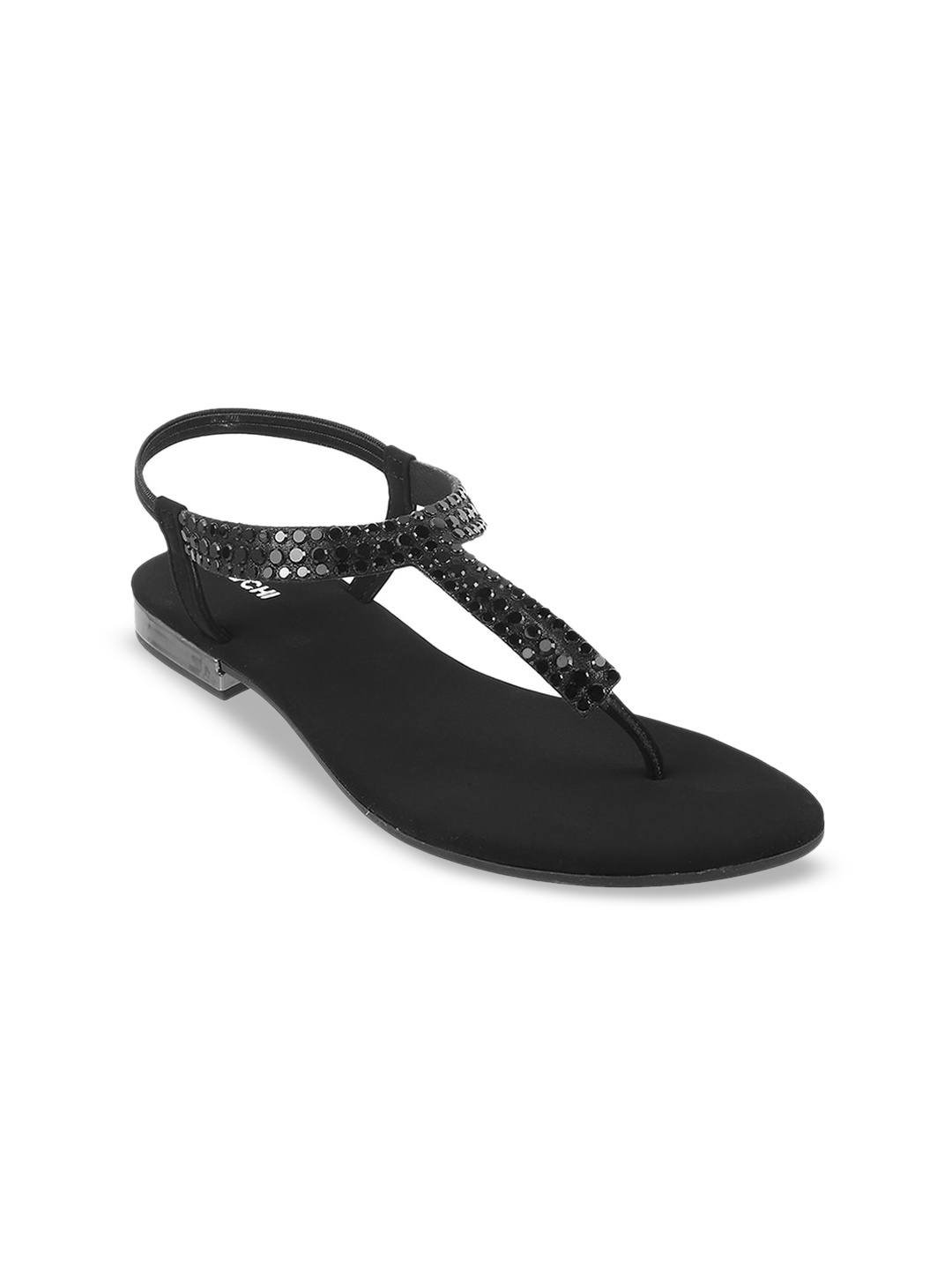 

Mochi Embellished T- Strap Flats With Backstrap, Black