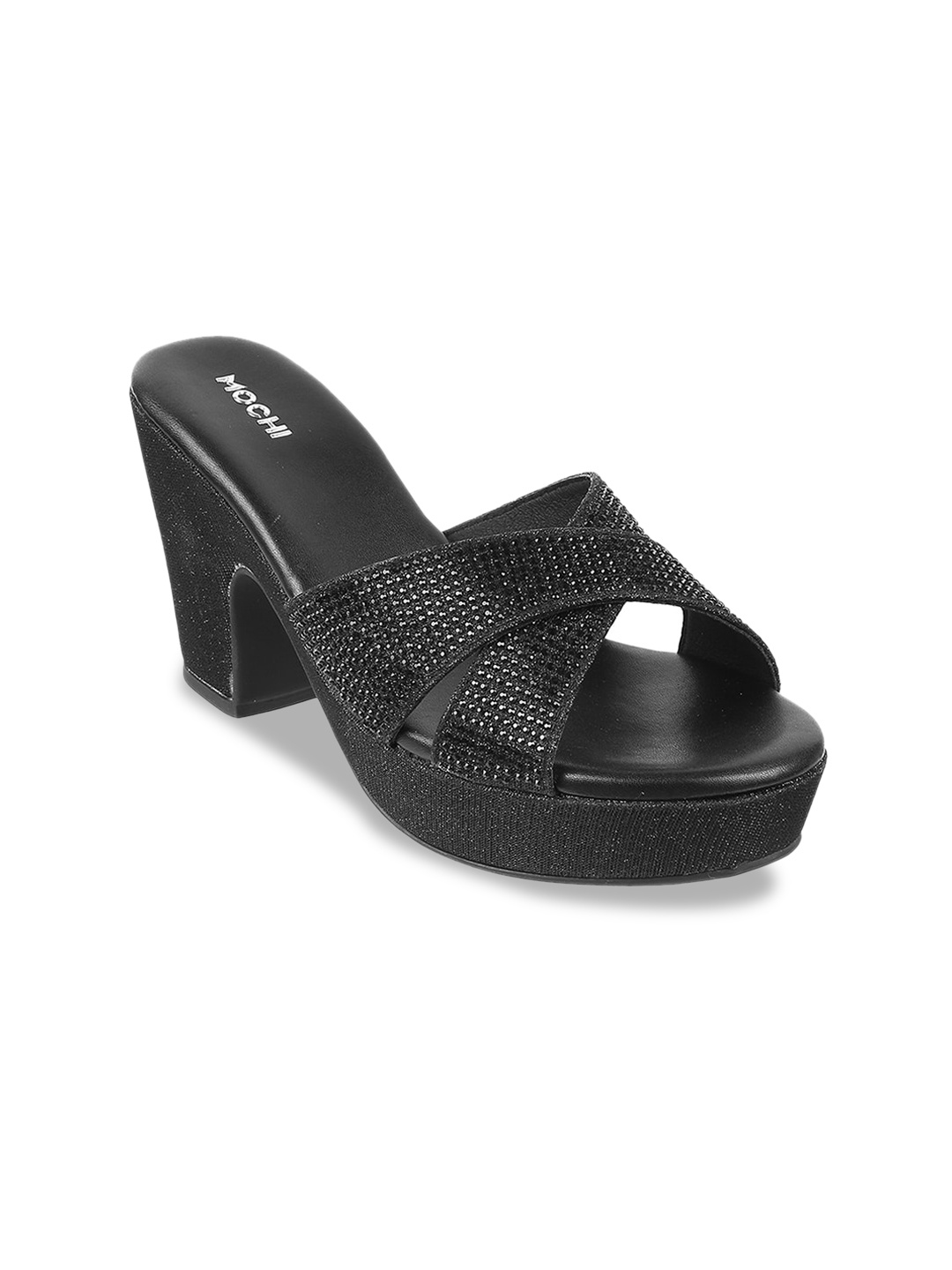 

Mochi Embellished Cross Strap Platform Heels, Black