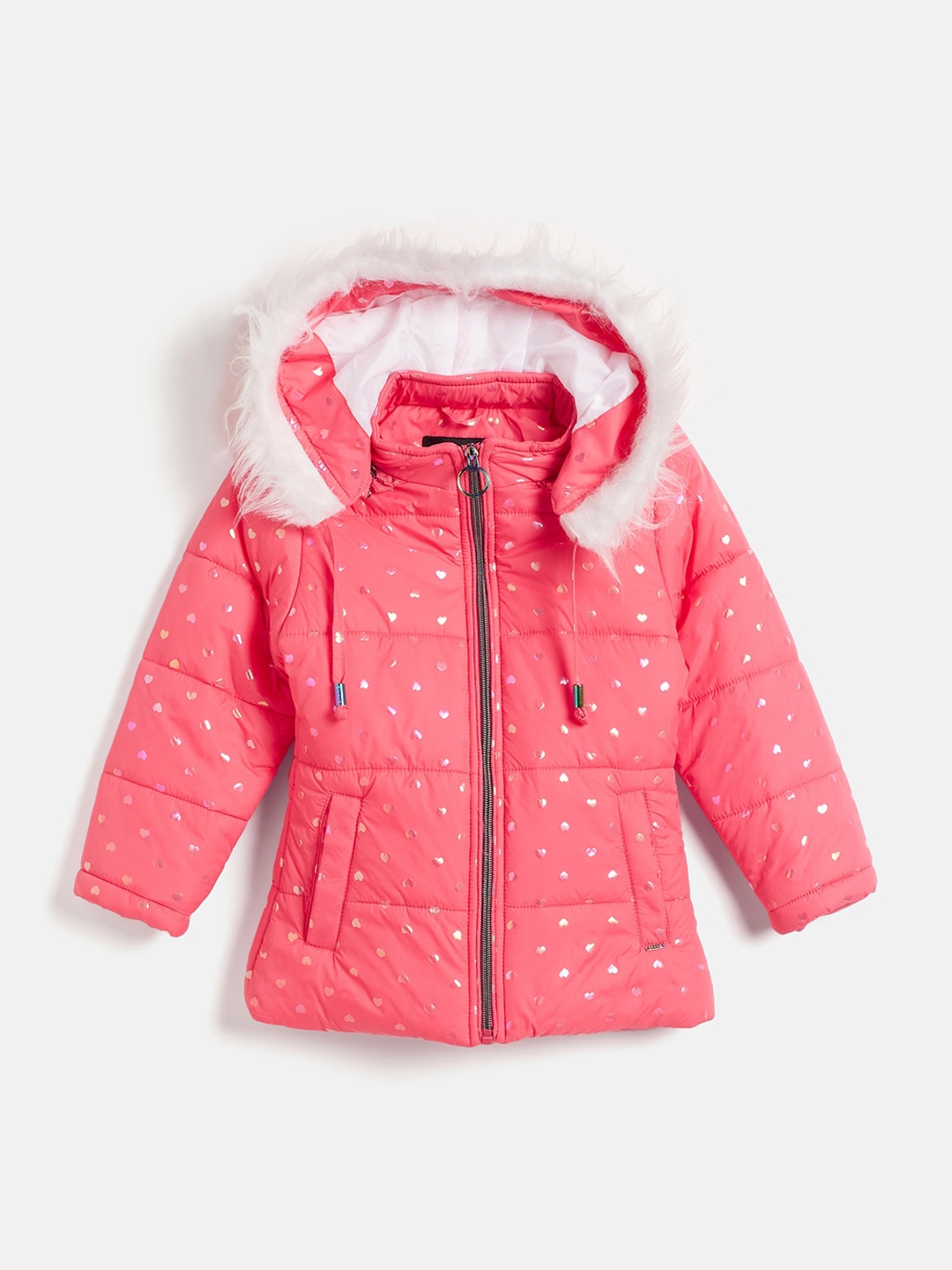 

Okane Girls Hooded Printed Lightweight Faux Fur Trim Padded Jacket, Pink