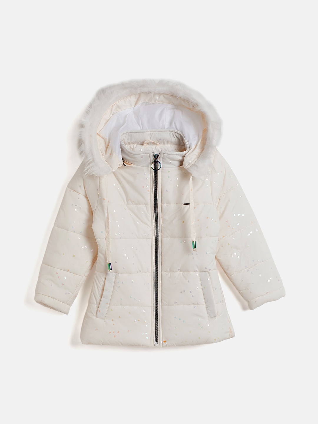 

Okane Girls Hooded Printed Lightweight Faux Fur Trim Padded Jacket, White