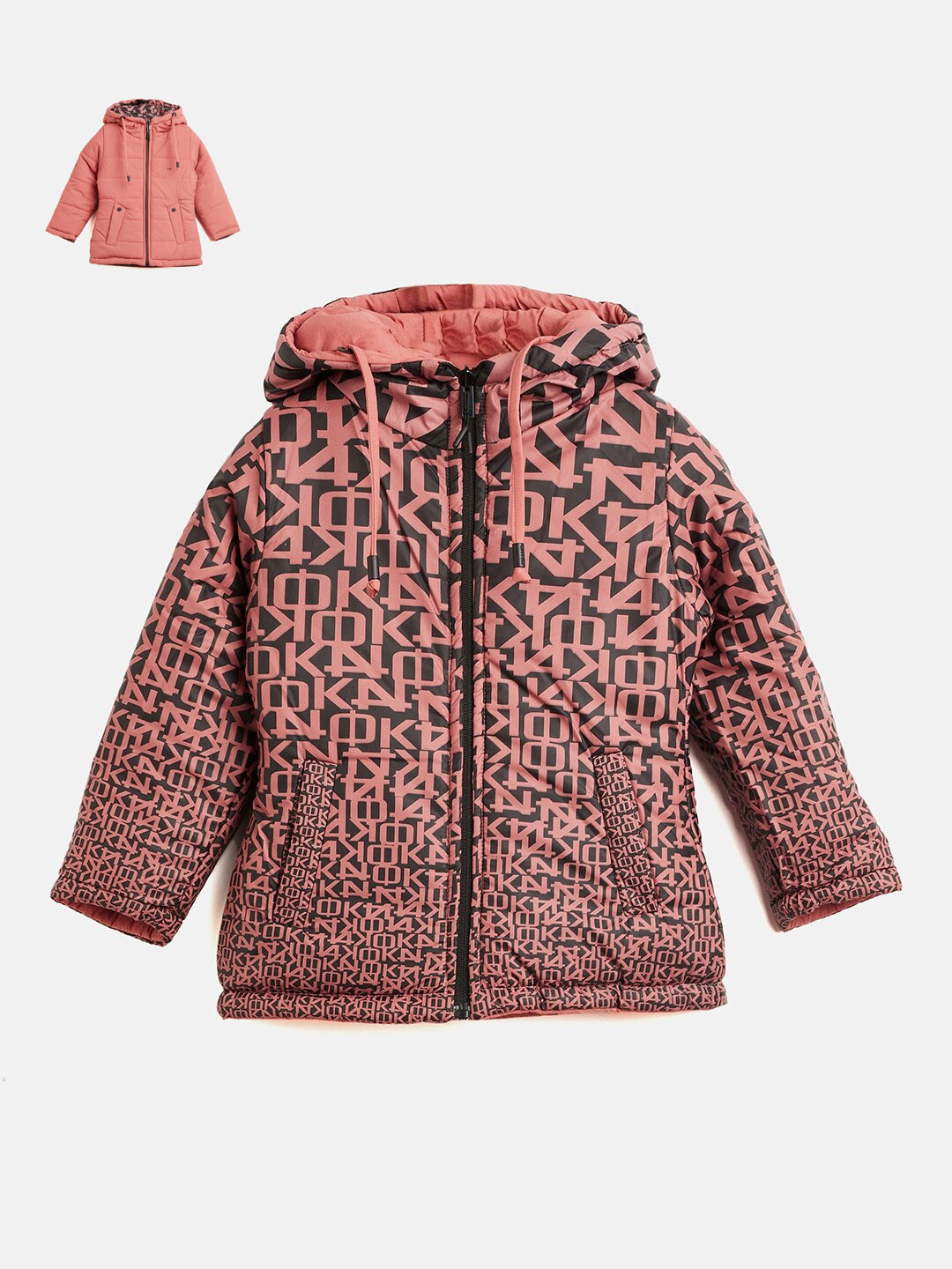 

Okane Girls Typography Printed Hooded Reversible Puffer Jacket, Peach