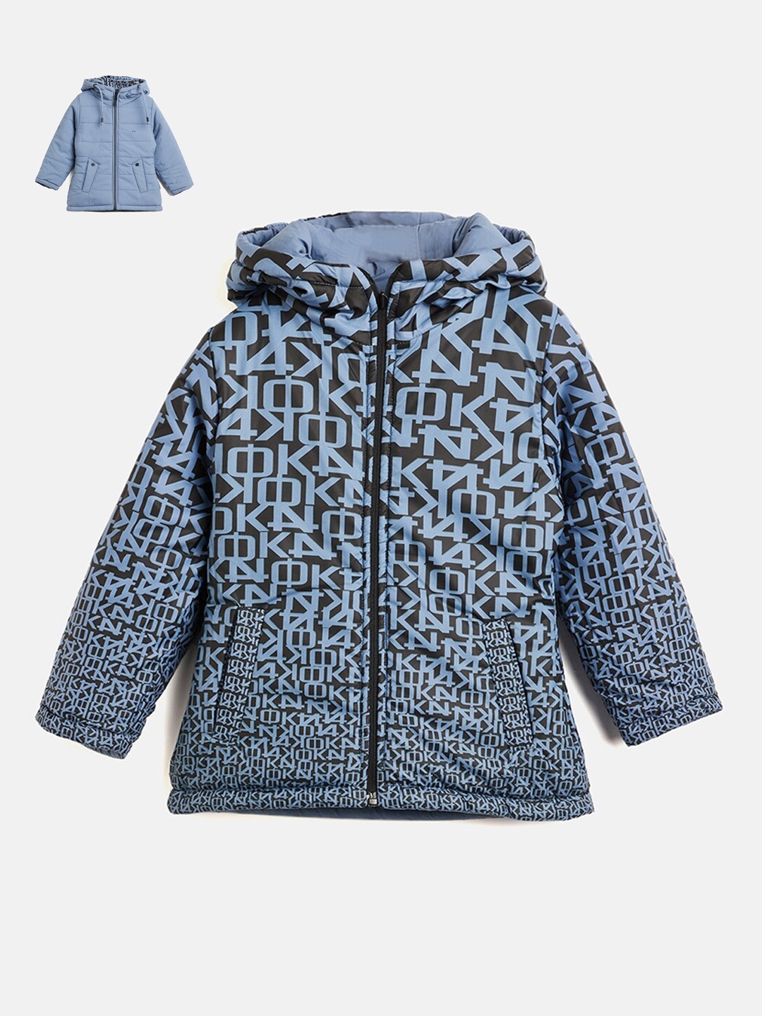 

Okane Girls Typography Printed Hooded Reversible Padded Jacket, Blue