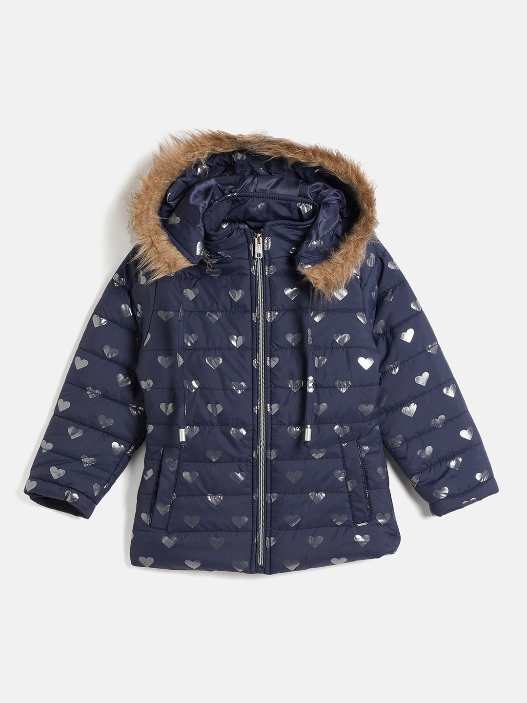 

Okane Girls Conversational Printed Hooded Lightweight Faux Fur Trim Detail Padded Jacket, Navy blue