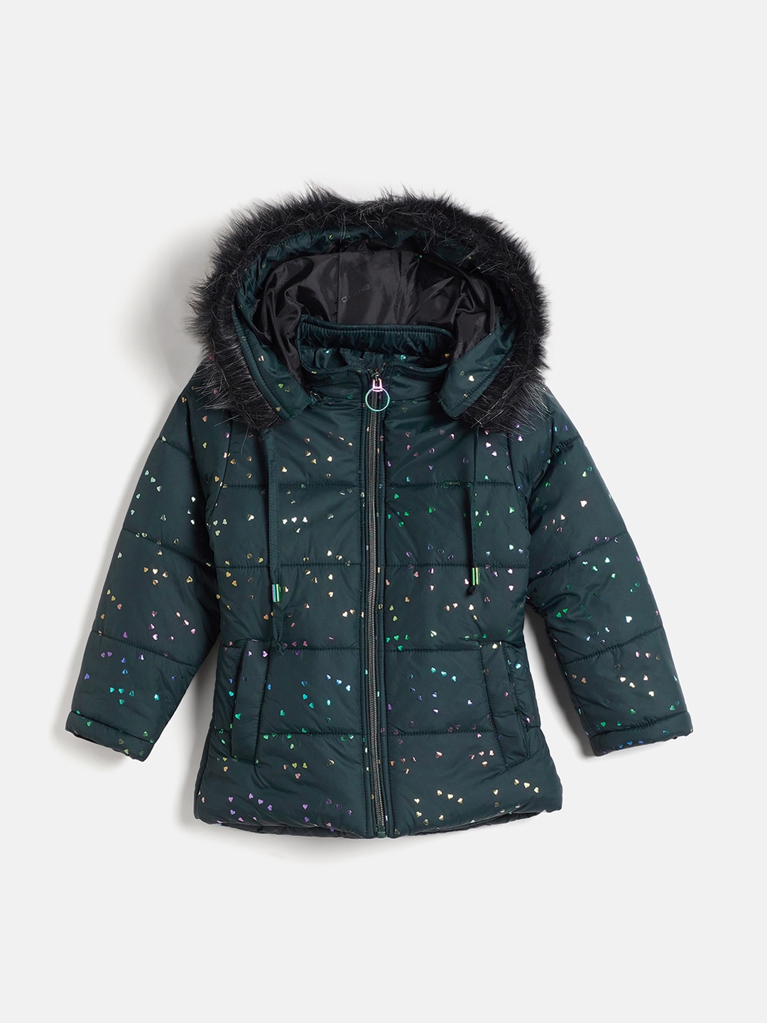 

Okane Girls Hooded Printed Lightweight Faux Fur Trim Padded Jacket, Green
