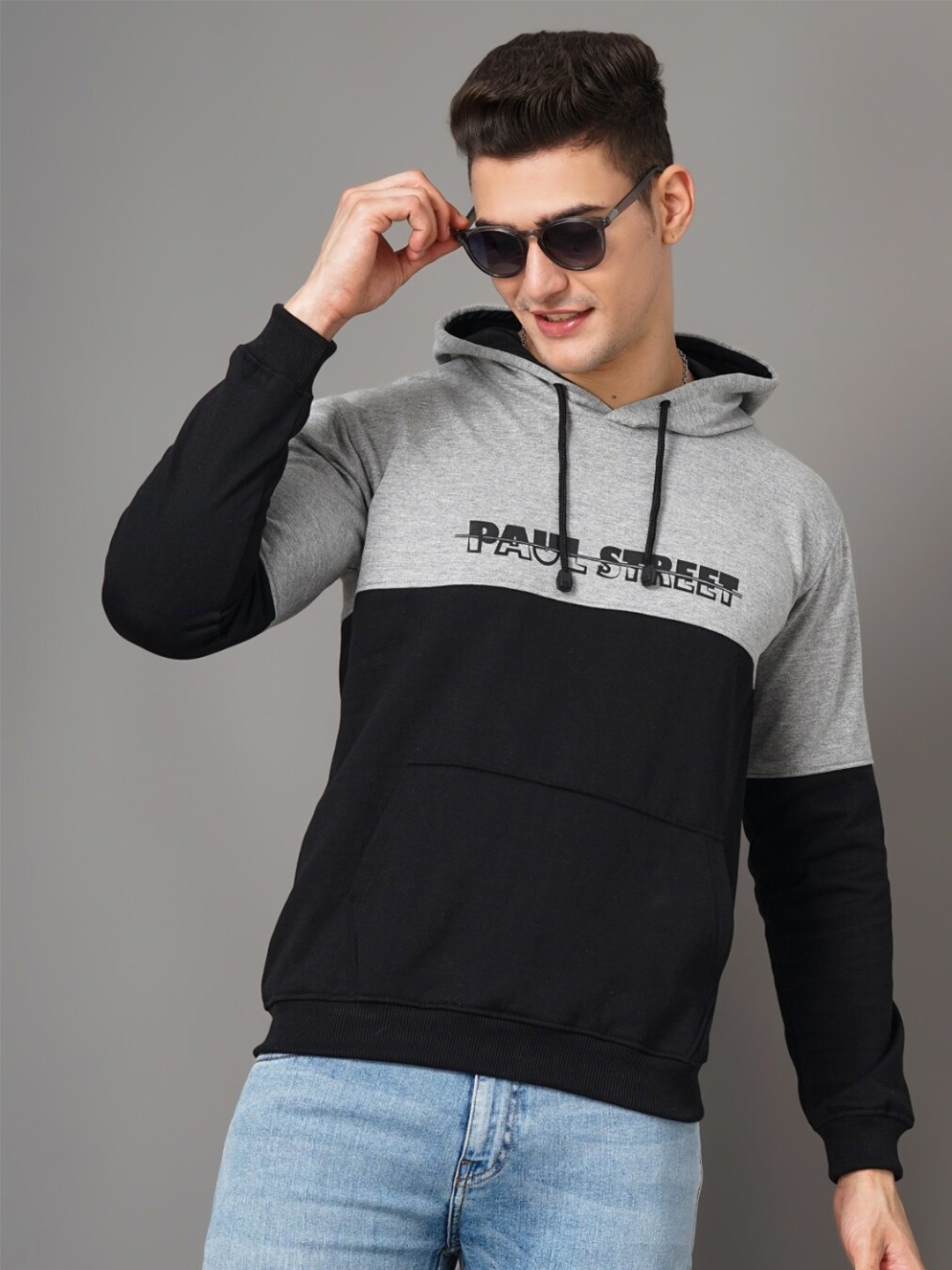 

PAUL STREET Typography Printed Hooded Sweatshirt, Grey melange