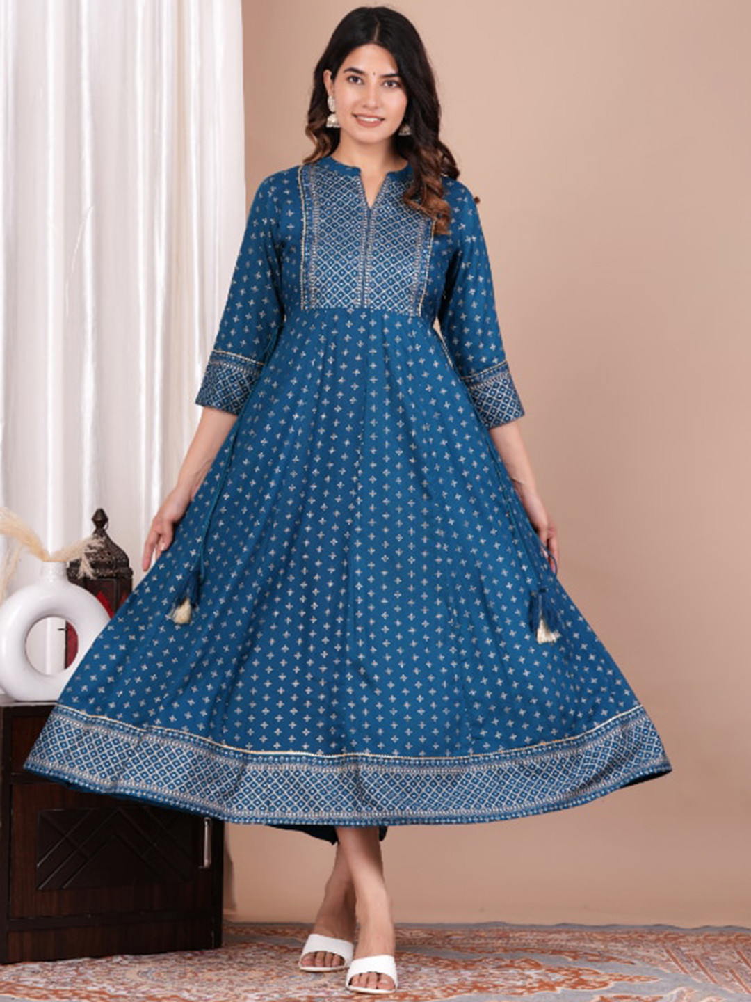 

GLIDER GIRL Ethnic Motifs Printed Mandarin Collar Fit & Flare Midi Ethnic Dress, Blue