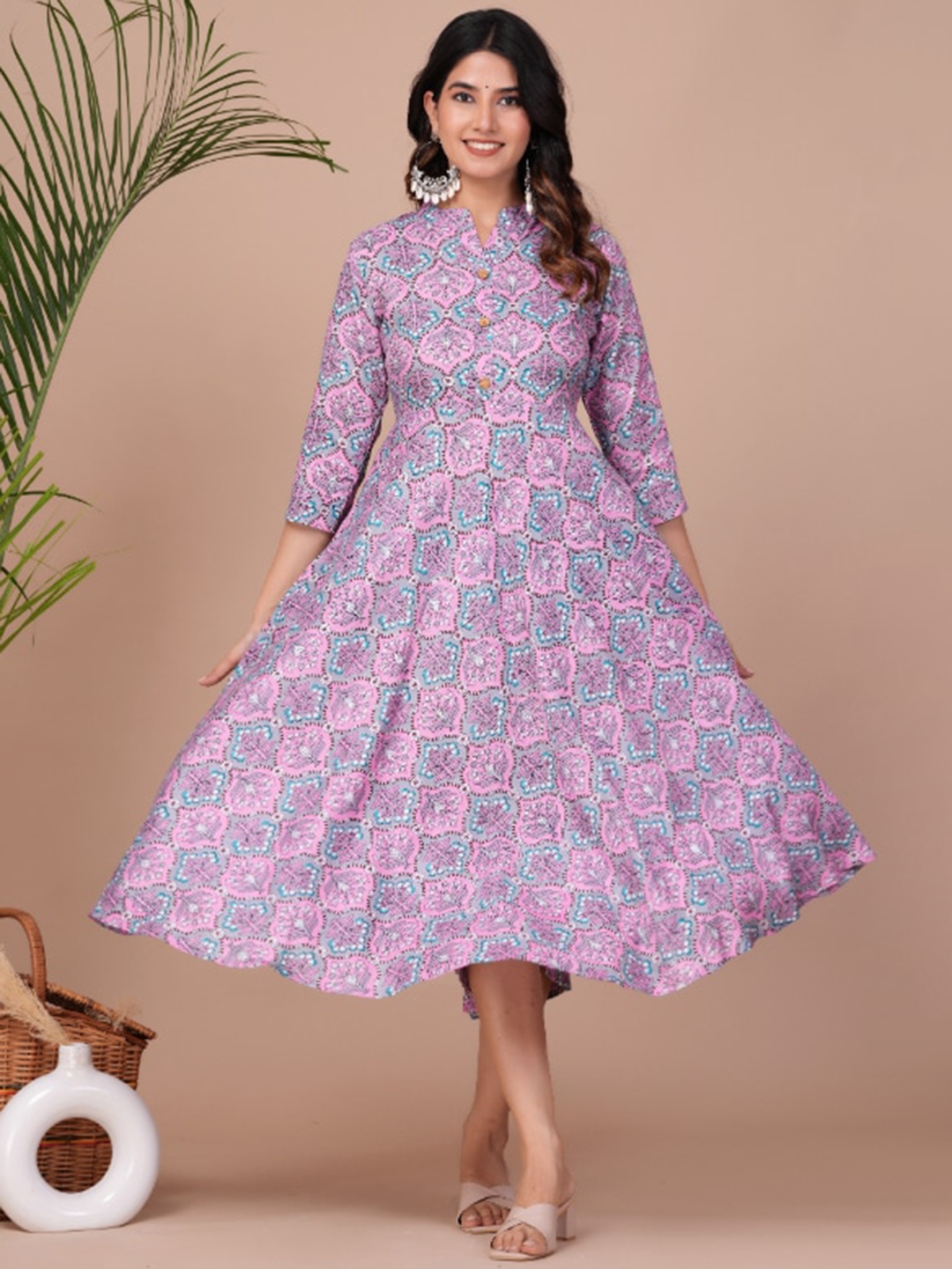 

GLIDER GIRL Ethnic Motif Printed Mandarin Collar A-Line Midi Dress, Purple