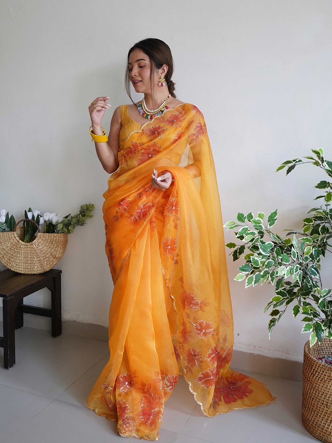 

MBL Floral Printed Organza Maheshwari Saree, Orange
