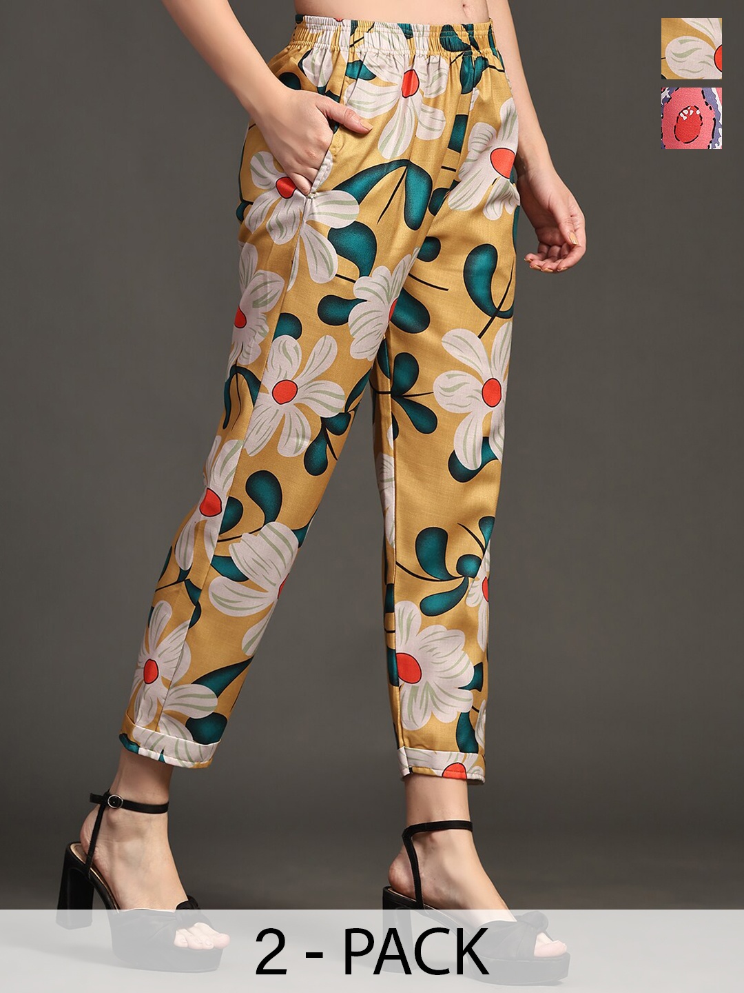 

Ziva Fashion Women Pack Of 2 Relaxed Floral Printed Cotton Trousers, Yellow