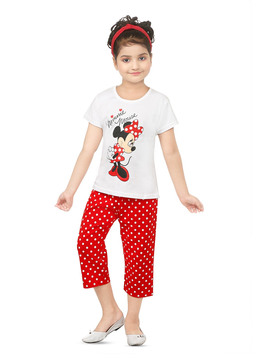 

BAESD Girls Minnie Mouse Printed Pure Cotton T-shirt with Capris, White