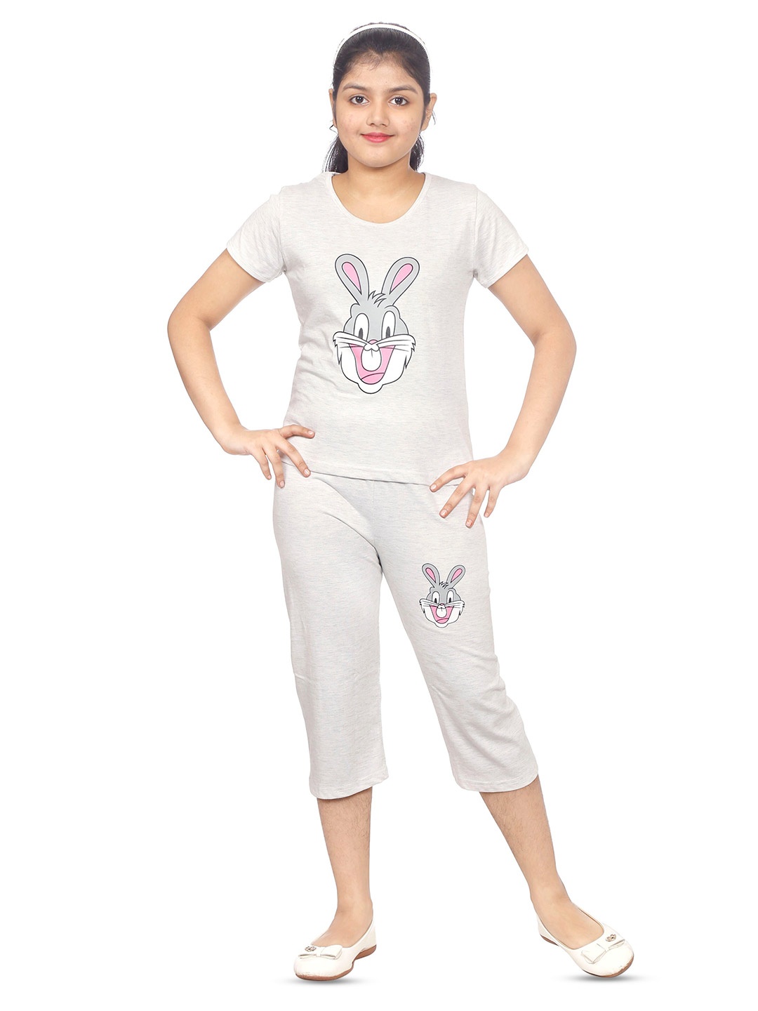 

BAESD Girls Looney Tunes Printed Pure Cotton T-shirt With Capris, Grey melange