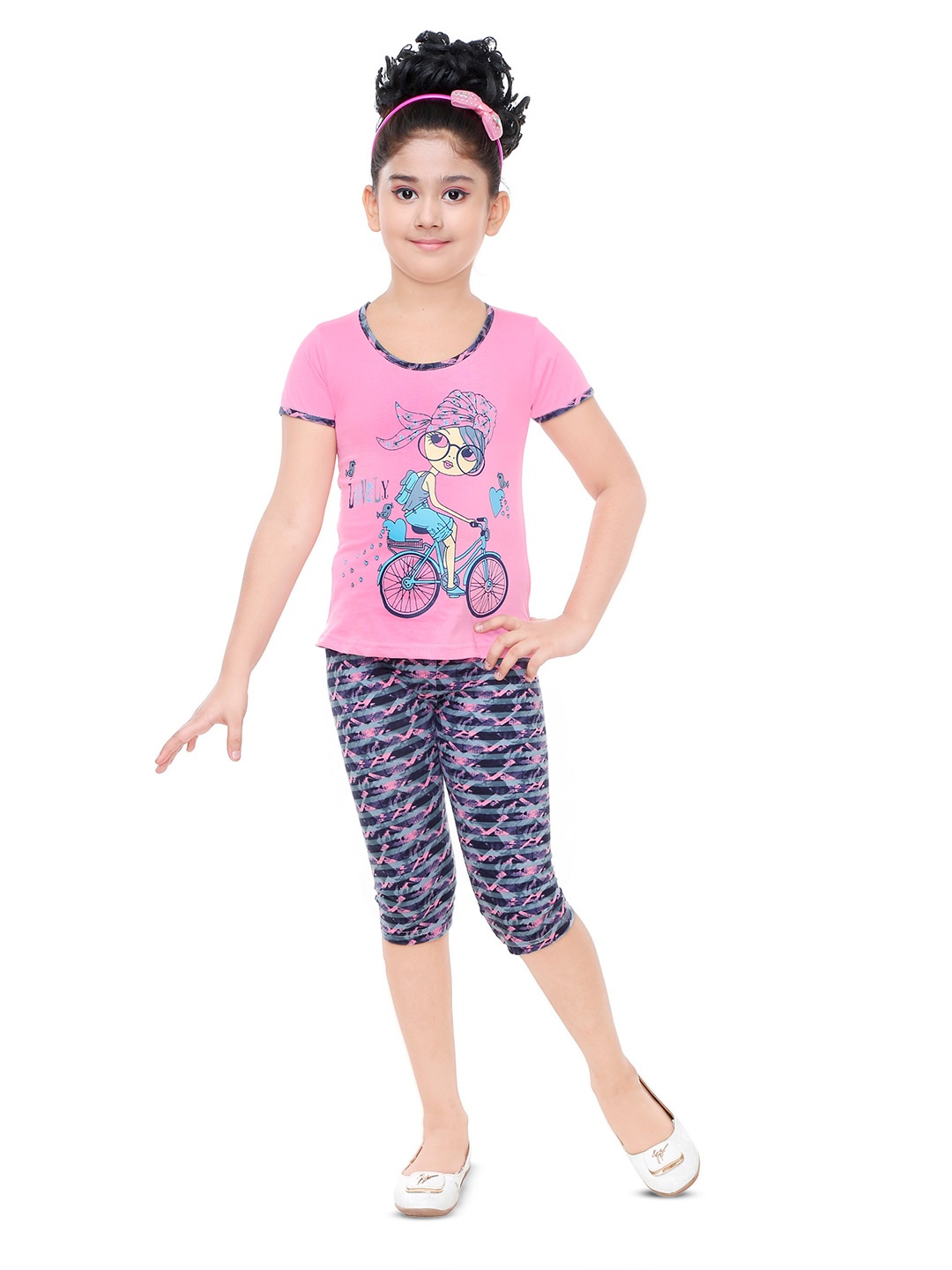 

BAESD Girls Printed Pure Cotton T-shirt with Capris, Pink