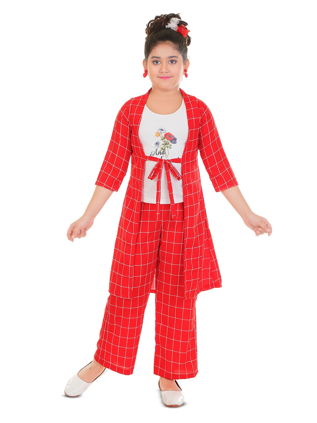 

BAESD Girls Printed T-shirt With Palazzos & Coat, Red