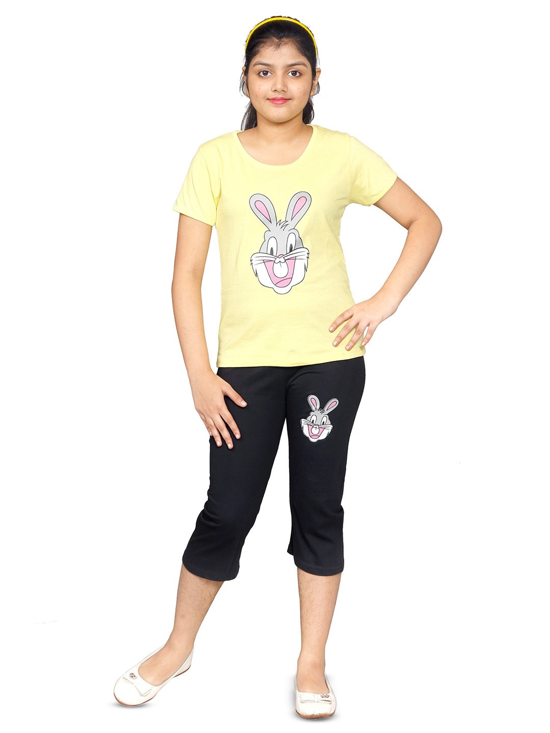 

BAESD Girls Printed Pure Cotton T-shirt with Capris, Yellow