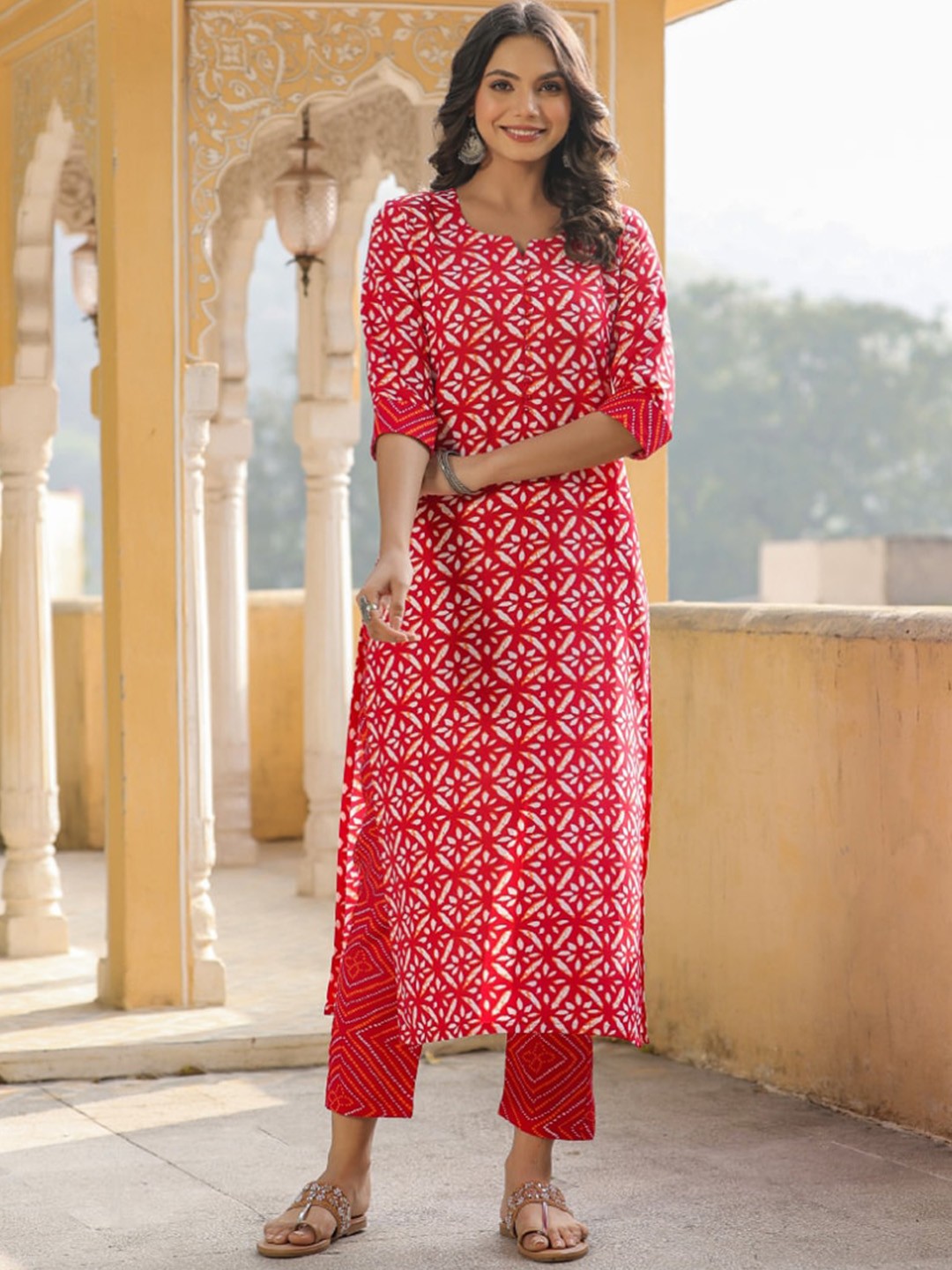 

KALINI Ethnic Motifs Printed Notched Neck Kurta with Trousers, Red