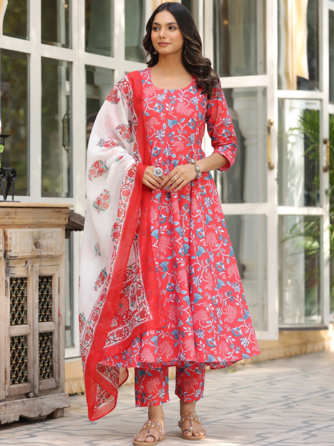 

KALINI Floral Printed Anarkali Kurta With Trousers & Dupatta, Red