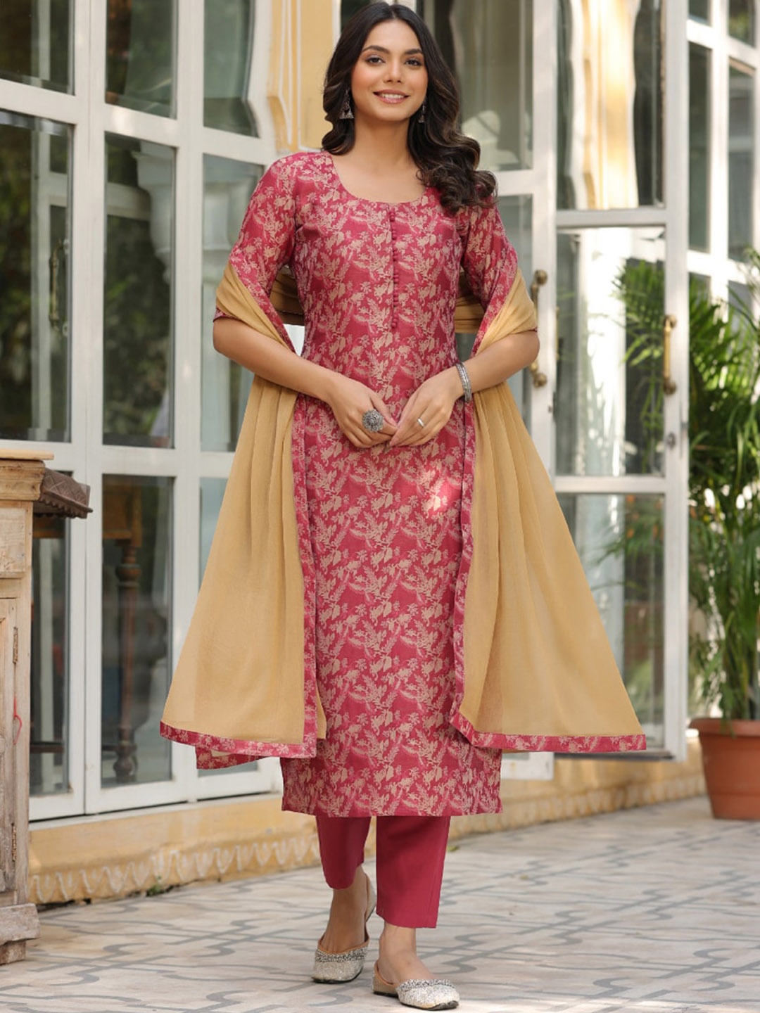 

KALINI Floral Woven Design Straight Kurta & Trouser With Dupatta, Red