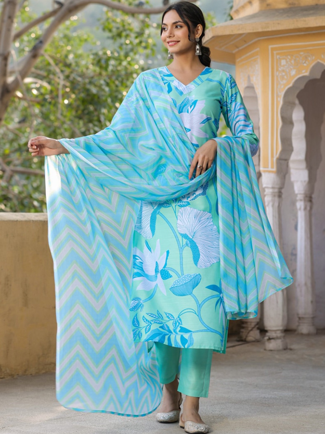 

KALINI Floral Printed V-Neck Regular Kurta With Trousers & Dupatta, Green