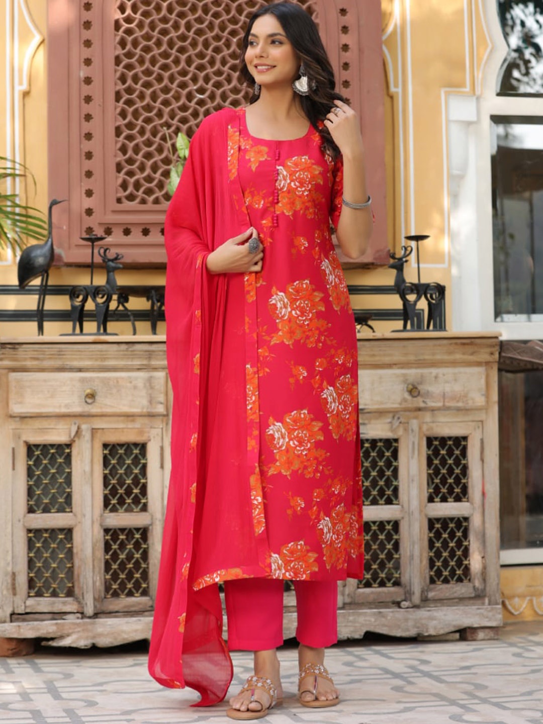 

KALINI Floral Printed Straight Kurta With Trousers & Dupatta, Orange