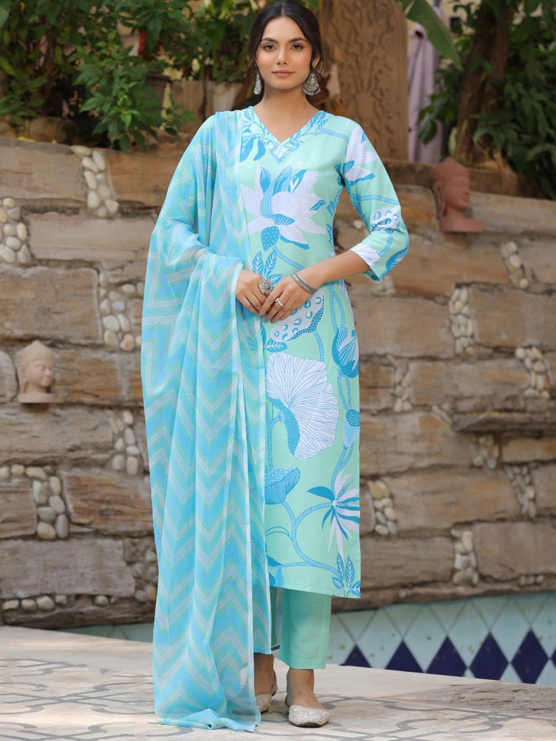

KALINI Floral Printed V-Neck Straight Kurta With Trousers & Dupatta, Blue