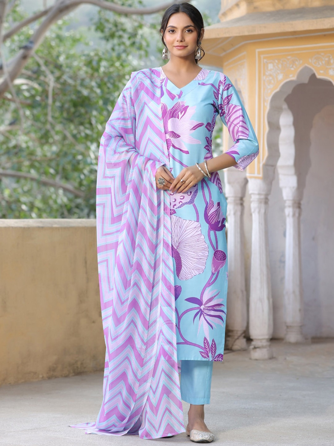 

KALINI Floral Printed Straight Kurta With Trousers & Dupatta, Blue