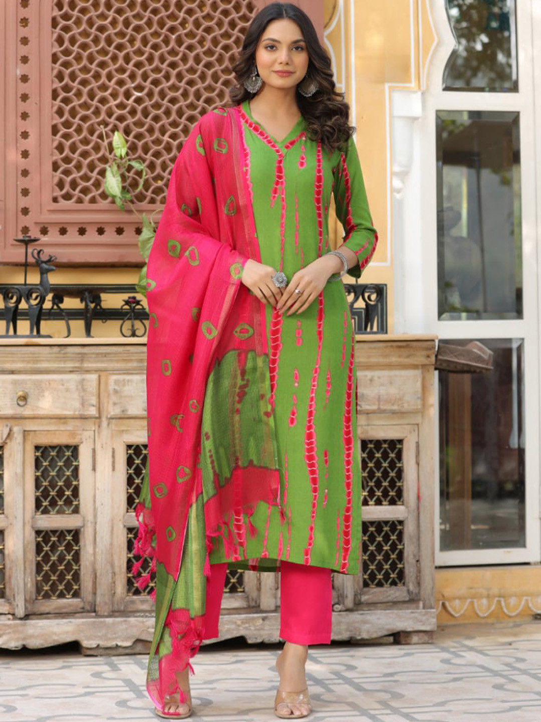 

KALINI Abstract Printed V-Neck Straight Kurta With Trousers & Dupatta, Green