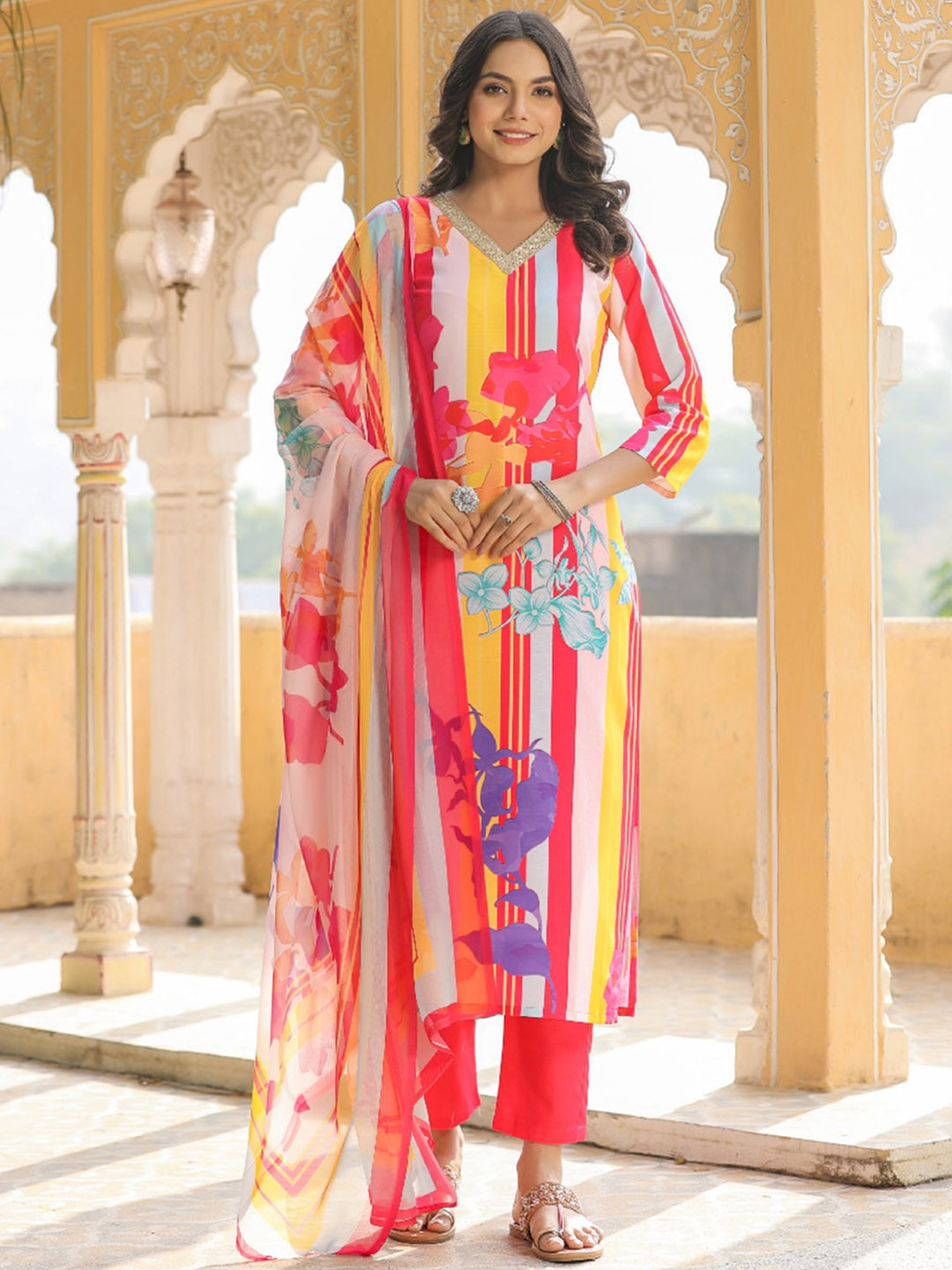 

KALINI Floral Printed V-Neck Thread Work Detailed Straight Kurta & Trouser With Dupatta, Red