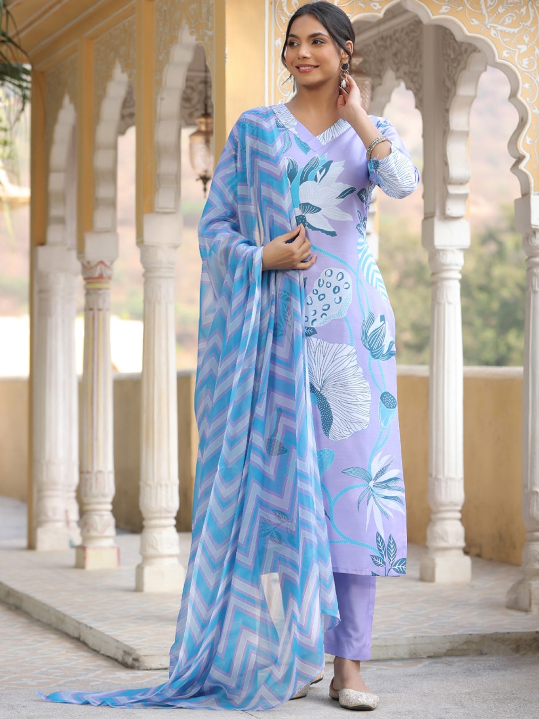 

KALINI Floral Printed V-Neck Regular Kurta With Trousers & Dupatta, Purple