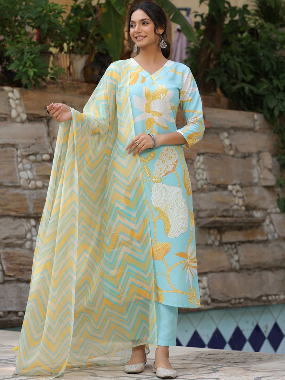 

KALINI Floral Printed Straight Kurta With Trousers & Dupatta, Sea green
