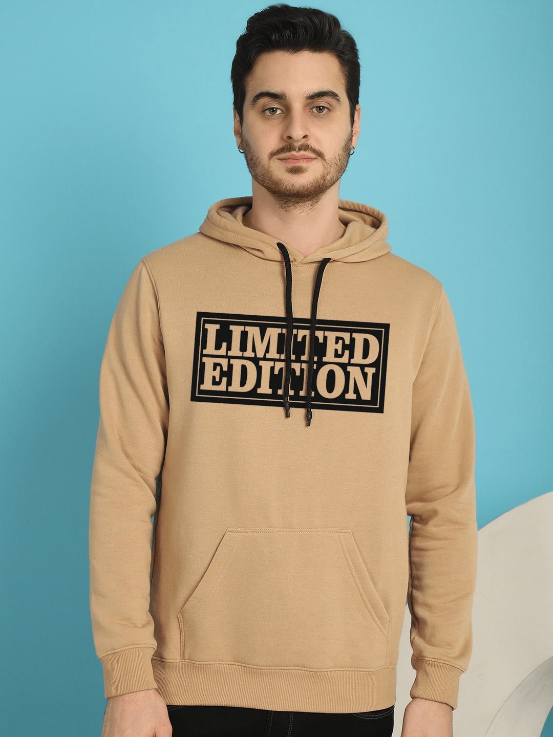 

YOU FOREVER Typography Printed Hooded Fleece Pullover Sweatshirt, Beige