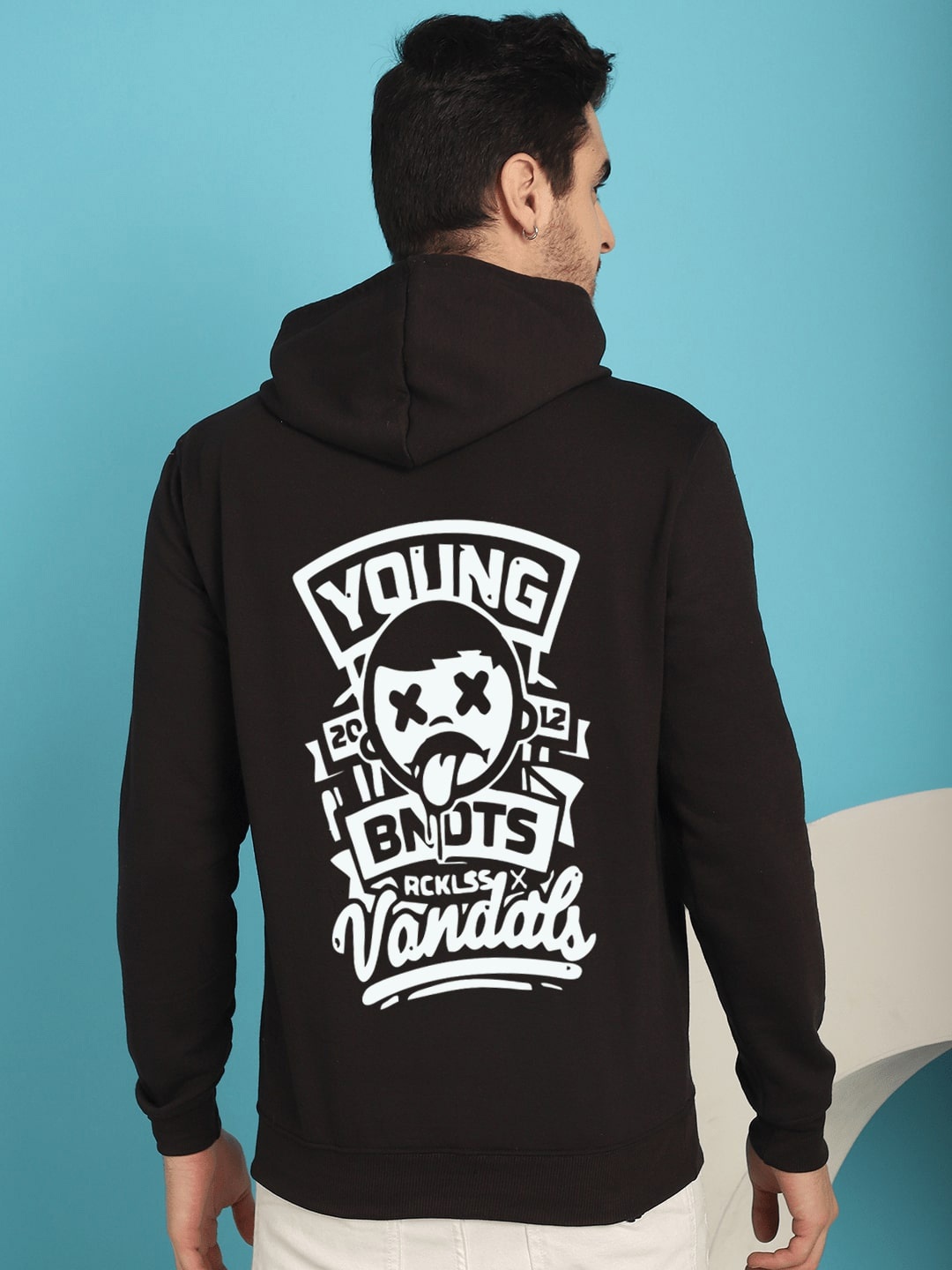 

YOU FOREVER Typography Printed Hooded Fleece Pullover, Black