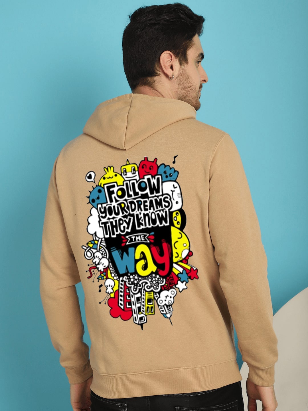 

YOU FOREVER Graphic Printed Hooded Fleece Sweatshirt, Beige