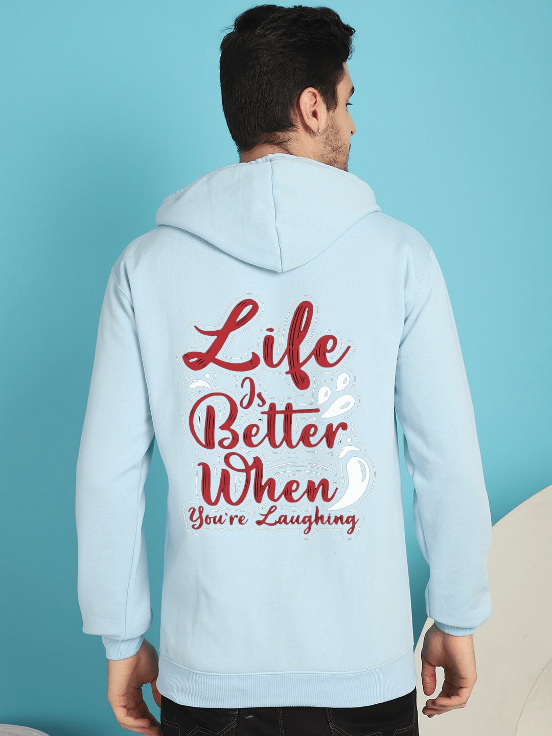 

YOU FOREVER Typography Printed Hooded Fleece Pullover, Blue