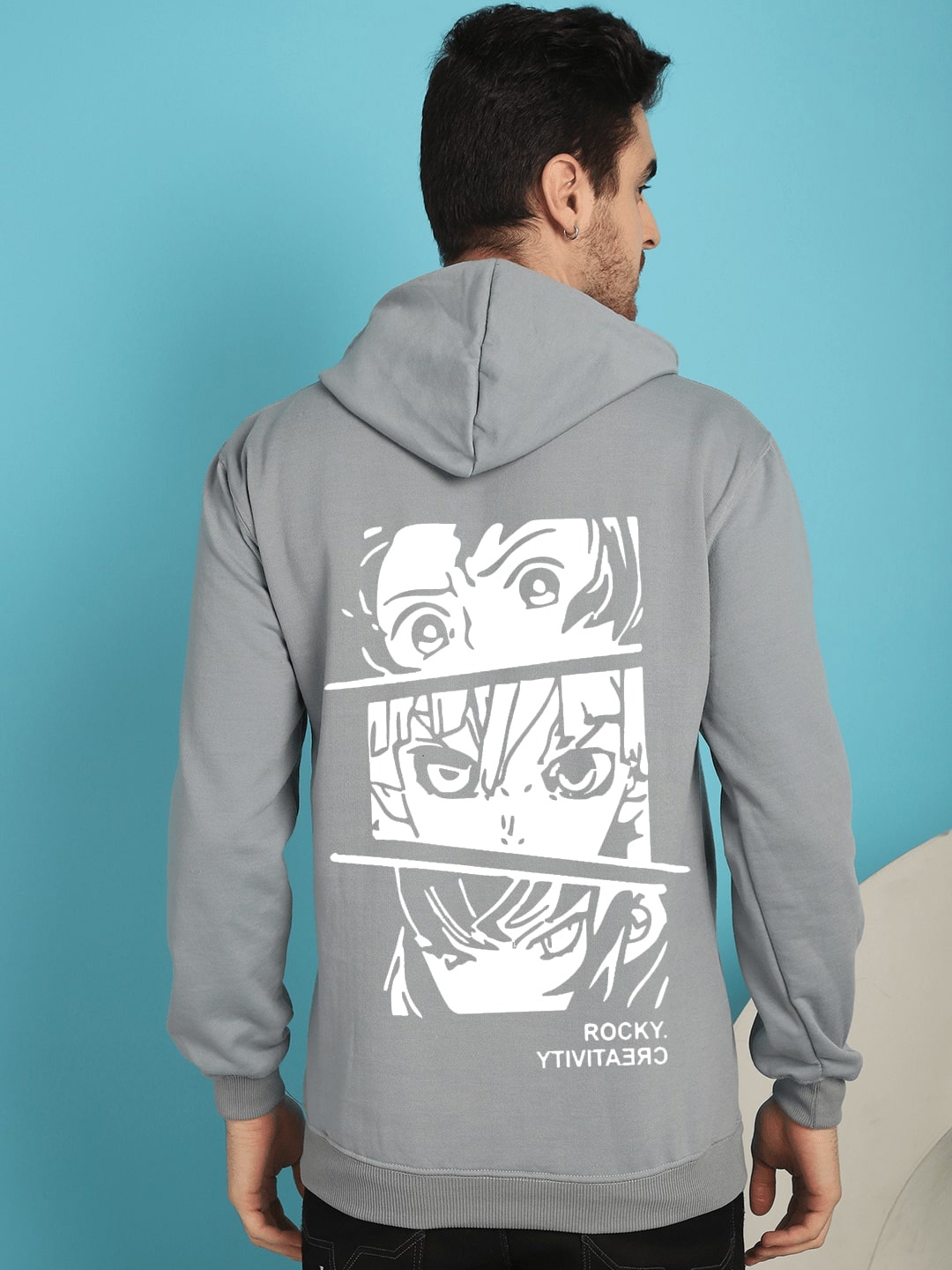 

YOU FOREVER Graphic Printed Hooded Fleece Pullover, Grey