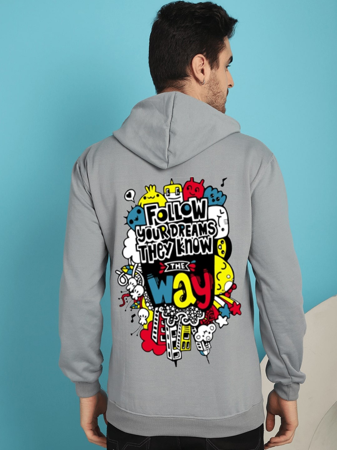 

YOU FOREVER Graphic Printed Hooded Fleece Pullover Sweatshirt, Grey