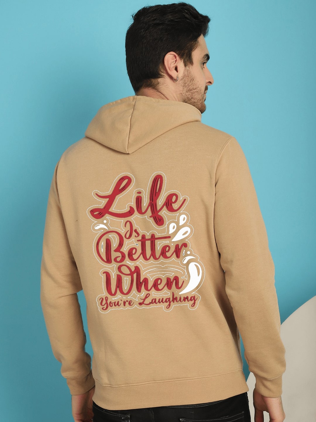 

YOU FOREVER Typography Printed Hooded Fleece Pullover Sweatshirt, Beige