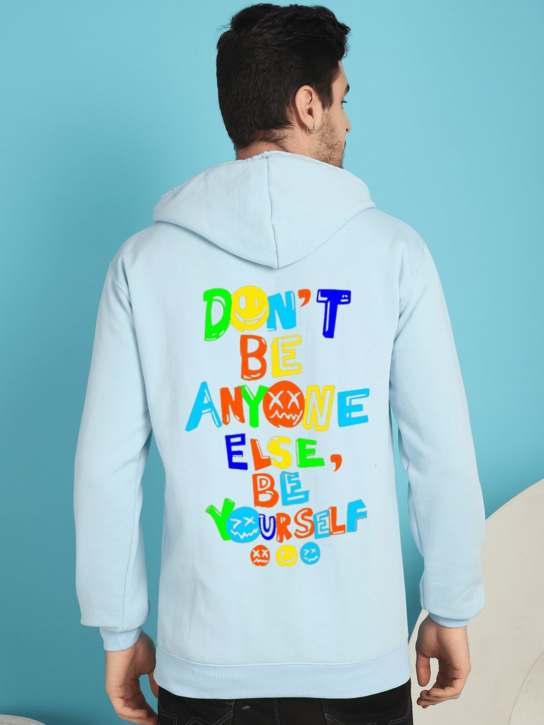 

YOU FOREVER Typography Printed Hooded Long Sleeves Fleece Pullover Sweatshirt, Blue