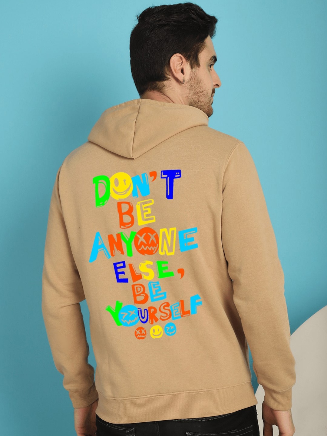 

YOU FOREVER Typography Printed Fleece Hooded Sweatshirt, Beige