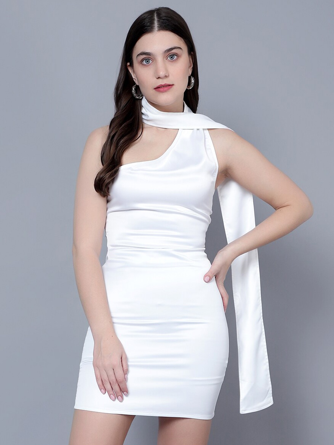 

DIAZ Choker Neck Satin Sheath Mini Dress, White