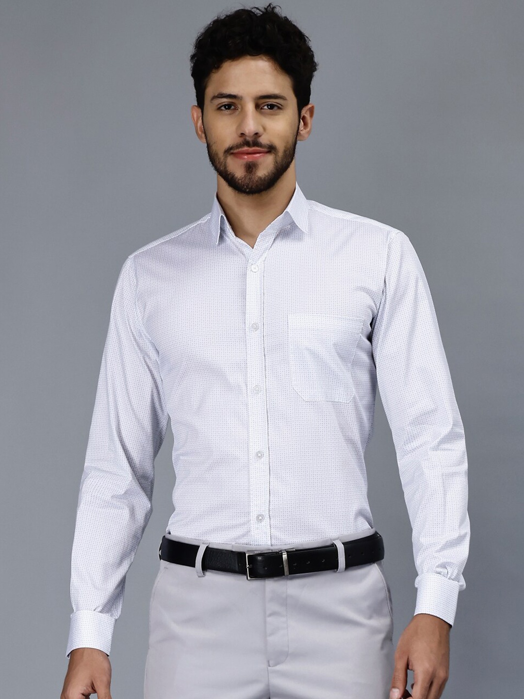 

ENTELLUS Classic Slim Fit Micro Disty Printed Cotton Formal Shirt, White