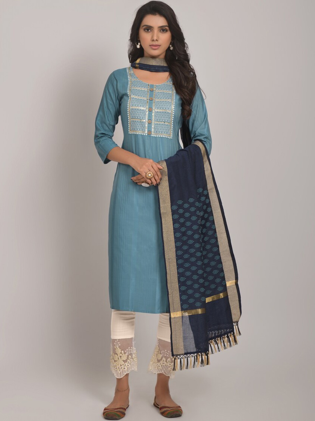 

Jinax Sequinned Yoke Design Regular Kurta With Trouser & Dupatta, Turquoise blue